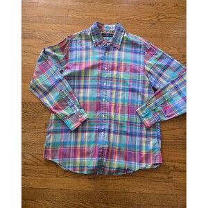 Ralph Lauren Shirt Mens Large Blue Plaid Pastel Long Sleeve Button Down Vintage